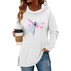 Detail der Libelle Druck und Fronttasche auf weißem Damen Kapuzenpullover