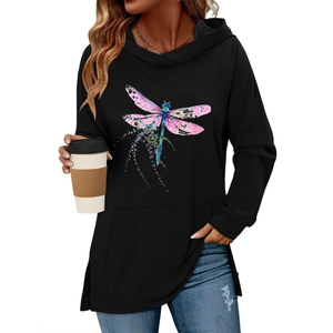 Detailansicht Damen Kapuzenpullover in Schwarz mit Libellen-Print, Seitenschlitzen und Taschen