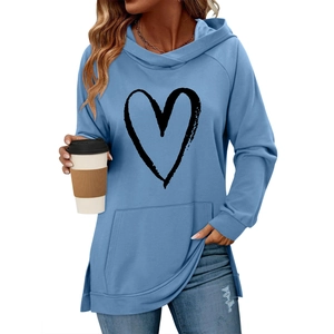 Sky blue heart print hoodie featuring a front kangaroo pocket and side slit hem detail