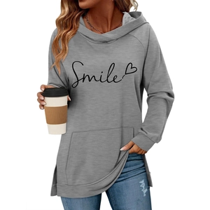Sweat à capuche gris pour femme avec imprimé Smile, manches raglan et poche kangourou