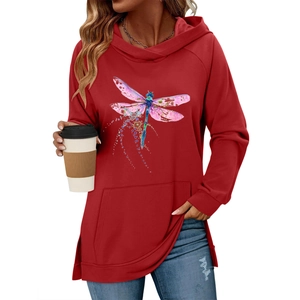Damen Libelle Druck Raglanärmel Kapuzenpullover Lässig Mittellang Seitenschlitz Sweatshirt Mit Tasche Streetwear Top