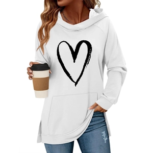 Women's white hoodie with black heart print raglan sleeves and kangaroo pocket