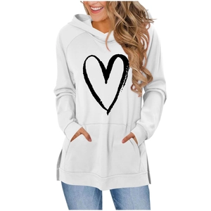 Close-up of a white hoodie featuring a hand-drawn black heart print and a kangaroo pocket