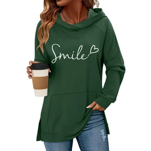 Sweat à capuche vert foncé pour femme avec imprimé Smile et poche kangourou