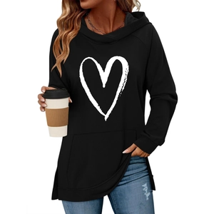 Women's black hoodie with white heart print, raglan sleeves and side slit details