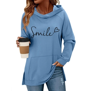 Sweat à Capuche Femme Décontracté Imprimé Lettres Smile Graphique Cœur Manches Longues Poche Fente Latérale Pull Ample Streetwear Top