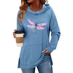 Hellblauer Damen Kapuzenpullover mit Libellen-Aquarelldruck und Kängurutasche
