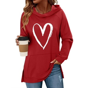 Classic dark red heart print hoodie for women with raglan sleeves and kangaroo pocket