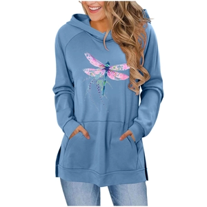 Detailansicht Damen Kapuzenpullover in Blau mit Libellendruck und Kängurutasche Design