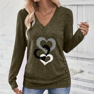Elegant V-neck long sleeve top in army green with interlocking heart print and side buttons