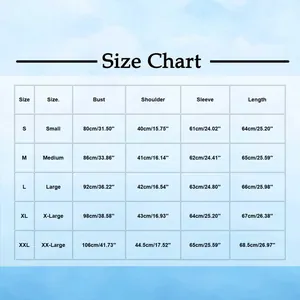 Detailed size chart for long sleeve t-shirt showing bust, shoulder, and sleeve measurements