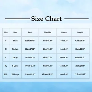 Detailed size chart for women's V-neck top showing bust and length measurements