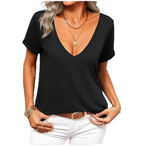 Detail of elegant black deep V-neck T-shirt showing rolled sleeve and premium fabric