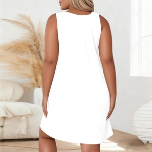Rear view of an elegant white sleeveless A-line short dress worn in a minimalist room