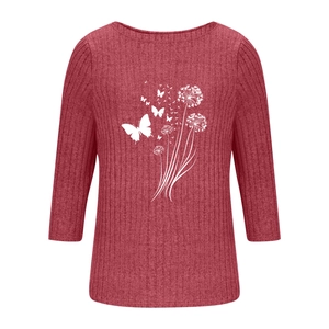 Close-up of wine red ribbed knit texture with white dandelion and butterfly prints