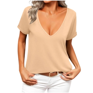 Elegant women's apricot deep V-neck short sleeve T-shirt with rolled cuffs for summer