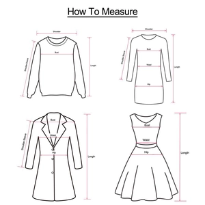 Detailed measurement guide for women's apparel showing bust, waist, hip, and length