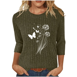 Slim fit olive green ribbed knit top with white dandelion and butterfly print for women