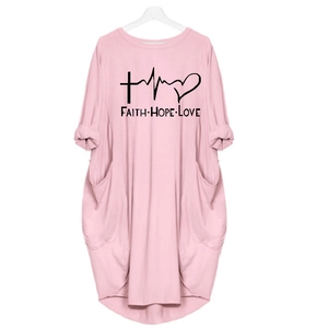 Pink long sleeve loose dress with Faith Hope Love print and functional side pockets