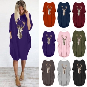 Robe ample à manches longues pour femme avec imprimé cerf coloré et poches latérales