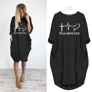 Women's black loose-fit dress with Faith Hope Love heart print and side pockets
