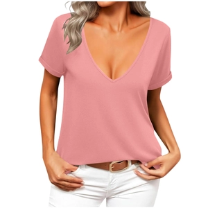 Detail of elegant V-neck pink summer t-shirt with rolled sleeve and soft fabric texture