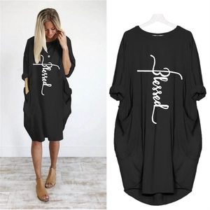 Robe Midi Décontractée pour Femmes Imprimé Lettres Blessed Manches Longues Avec Poches Col Rond Oversize Robe T-Shirt