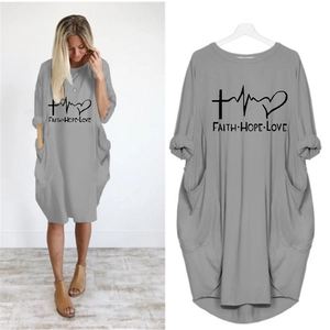 Women's Casual Long Sleeve Oversized Midi Dress Round Neck Faith Hope Love Print Loose Pockets Cotton Blend Dress