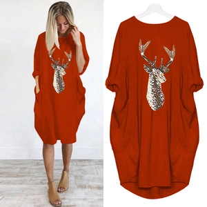 Robe Midi Décontractée pour Femmes Imprimé Renne Manches Longues Avec Poches Oversize Graphique Tête de Cerf Col Rond