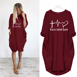 Burgundy Faith Hope Love print loose long sleeve dress with side pockets