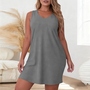 Detail view of v-neck sleeveless lounge dress in soft dark gray breathable fabric