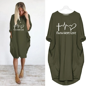 Olive green Faith Hope Love print oversized long sleeve dress with side pockets