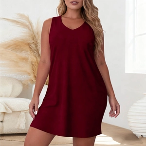 Detailed close-up of a burgundy sleeveless V-neck nightdress made of breathable soft fabric