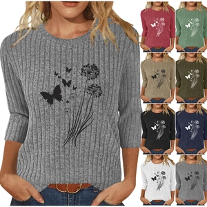 Women Casual Ribbed Knit T-Shirt Elegant Dandelion Butterfly Print Round Neck Three Quarter Sleeve Top Streetwear Blouse