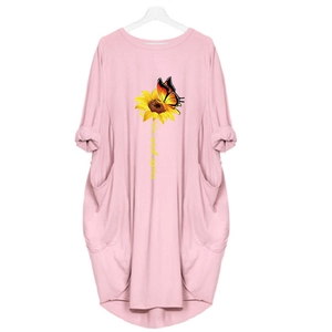 Pink long sleeve summer dress with sunflower, butterfly print and Never Give Up text