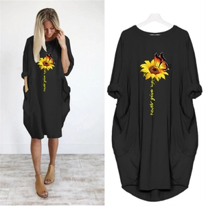 Oversized black long sleeve sunflower butterfly print dress with never give up text