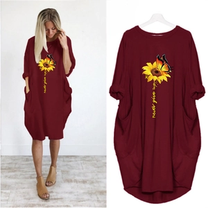 Women Casual Long Sleeve Midi Dress Sunflower Butterfly Print Oversized Loose Tunic Dress With Pockets Never Give Up Lettering