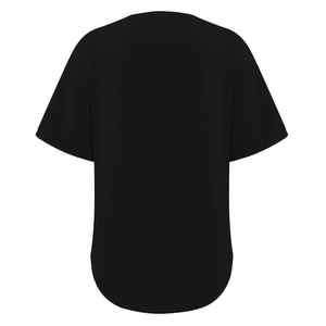 Detail view of the plain black V-neck t-shirt back with a casual curved hemline design