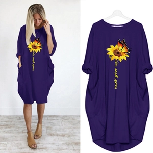 Women's purple long sleeve dress with sunflower butterfly print and handy side pockets