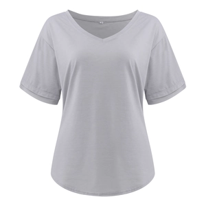 Detail of grey V-neck t-shirt showing soft fabric texture and inner size label M