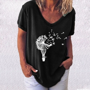 Detail of V-neck black T-shirt featuring creative white dandelion and hot air balloon print
