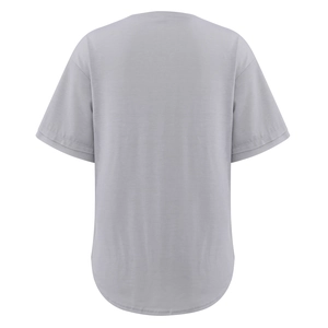 Rear view of light grey V-neck cotton T-shirt featuring a stylish curved hemline