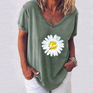 T-shirt col en V vert pour femmes avec imprimé marguerite et éclair, mode d'été 2025 chic