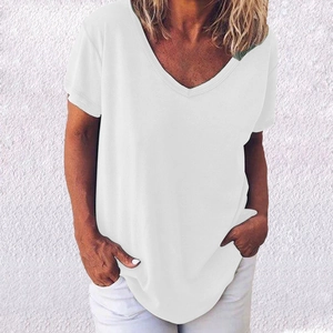 Detail of soft fabric texture and clean V-neckline on this white summer t-shirt
