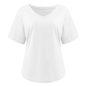 Close-up of white V-neck cotton T-shirt showing fabric texture and M-size label