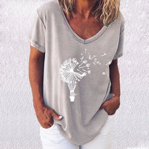 Women's light grey V-neck T-shirt with white dandelion print and a casual loose fit