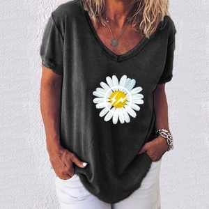 T-shirt noir col en V pour femme avec imprimé marguerite et éclair style urbain décontracté