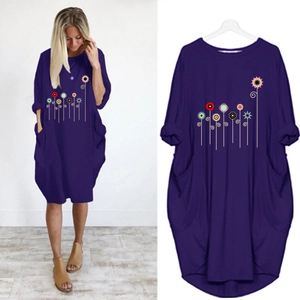 Deep purple crewneck oversize dress featuring colorful floral prints and side pockets