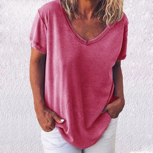 Women's loose V-neck short sleeve T-shirt in dark red with a casual dropped shoulder