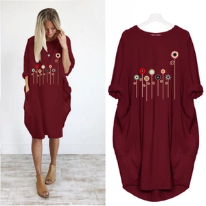 Women Casual Floral Print Round Neck Long Sleeve Midi Dress With Pockets Loose Fit Comfortable Cotton Blend Tunic Dress